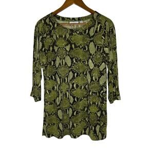 Susan Graver Green Snake Print Sequin Tunic Top Small Glam Animal Cold Shoulder